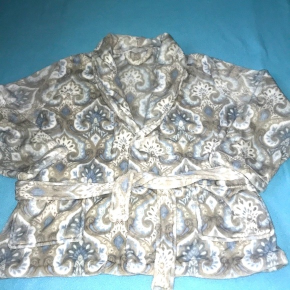 THESIS paisley print short bath robe gray white blue super soft NEW size OS - Picture 2 of 9